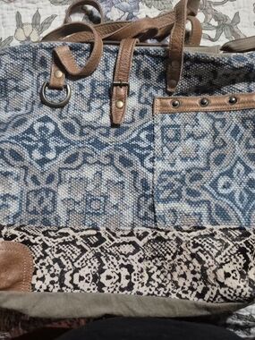Myra Bag Blue Patterned Tote with Brown Trim